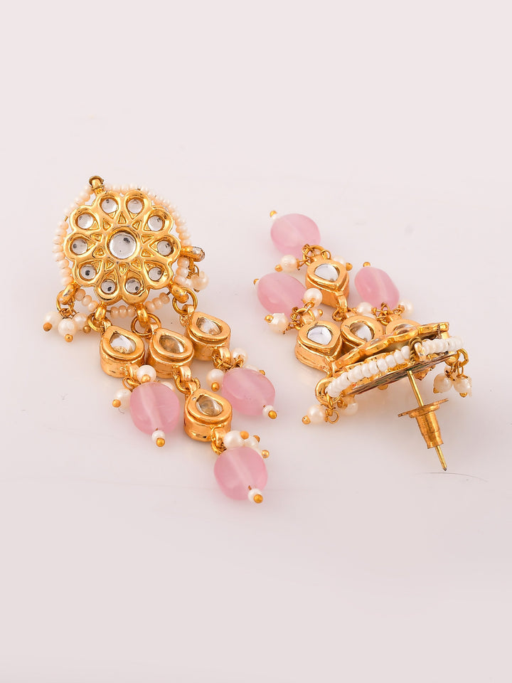 Dastoor Gold-Plated Pink  Green Kundan-Studded  Beaded Jewellery Set