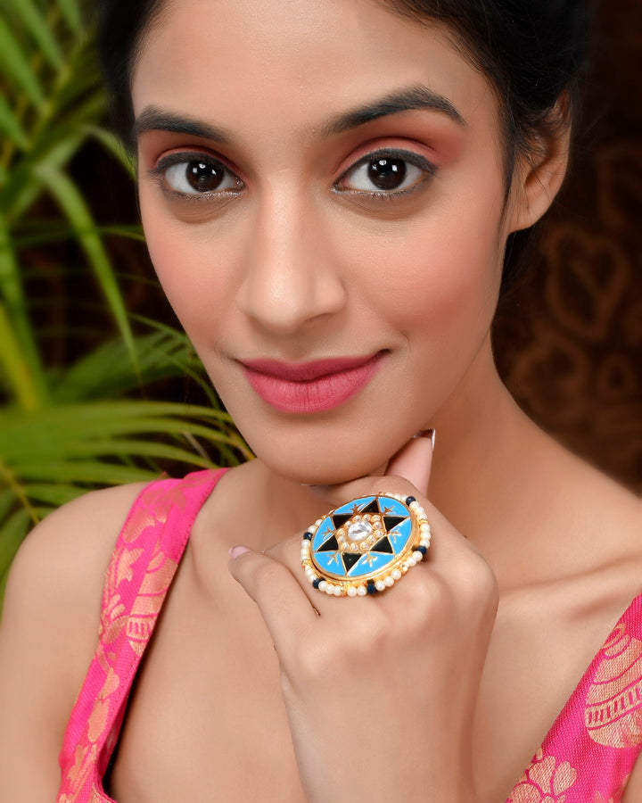 DASTOOR Women  Gold-Plated Blue Kundan-Studded Finger Ring