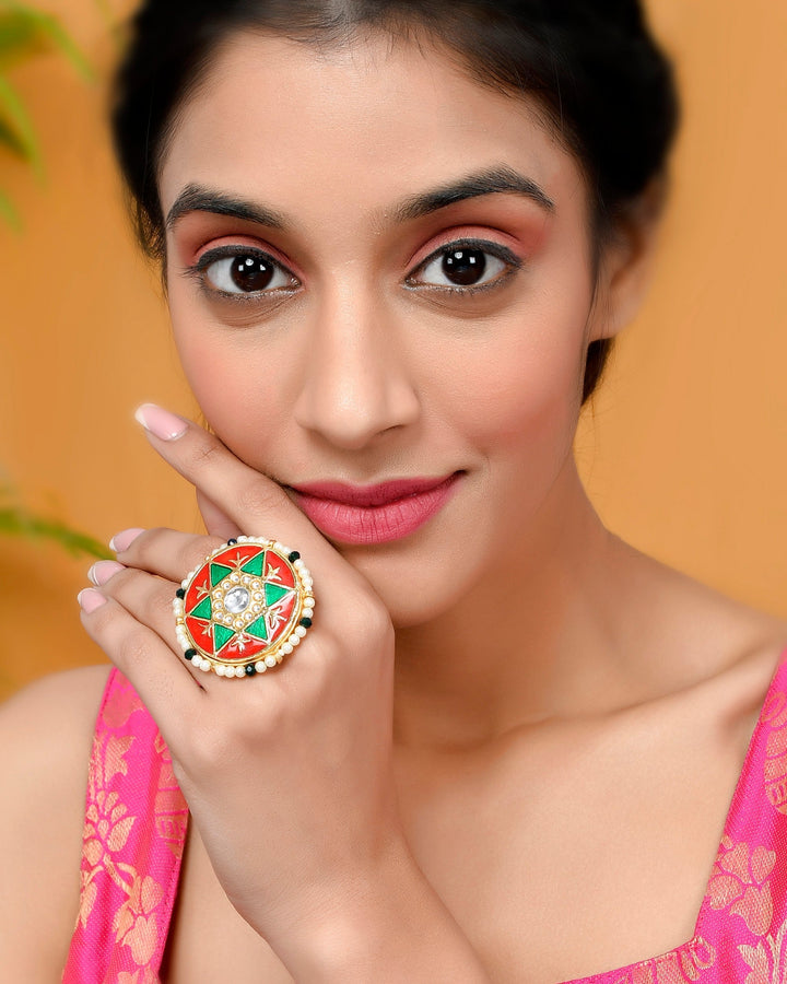 DASTOOR Women Gold-Plated White Kundan Studded Exclusive Meenakari Adjustable Ring