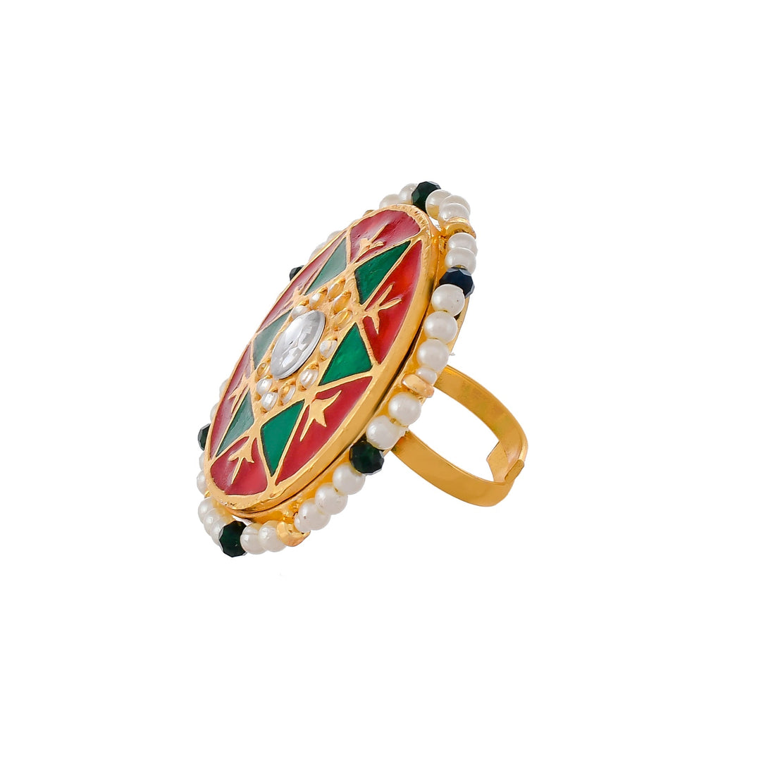 DASTOOR Women Gold-Plated White Kundan Studded Exclusive Meenakari Adjustable Ring