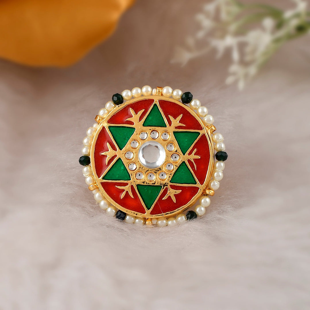 DASTOOR Women Gold-Plated White Kundan Studded Exclusive Meenakari Adjustable Ring