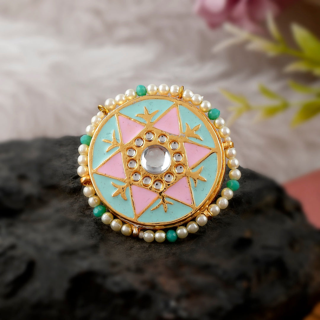 DASTOOR Gold-Plated Multi-Coloured Kundan-Studded Meenakari Finger Ring