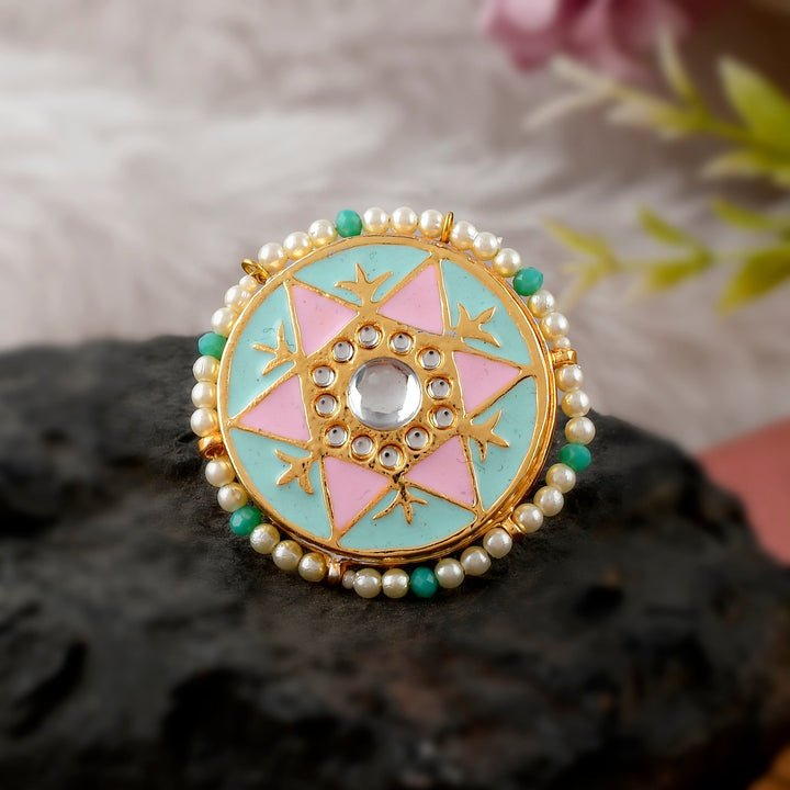 DASTOOR Gold-Plated Multi-Coloured Kundan-Studded Meenakari Finger Ring