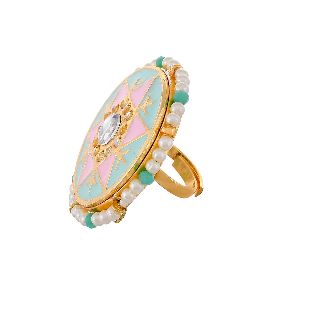 DASTOOR Gold-Plated Multi-Coloured Kundan-Studded Meenakari Finger Ring