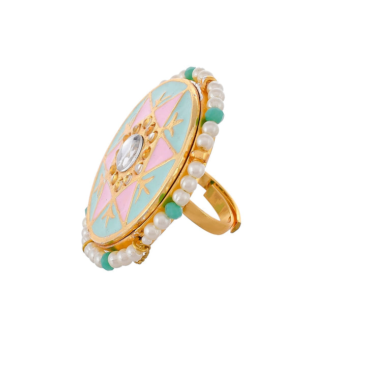 DASTOOR Gold-Plated Multi-Coloured Kundan-Studded Meenakari Finger Ring