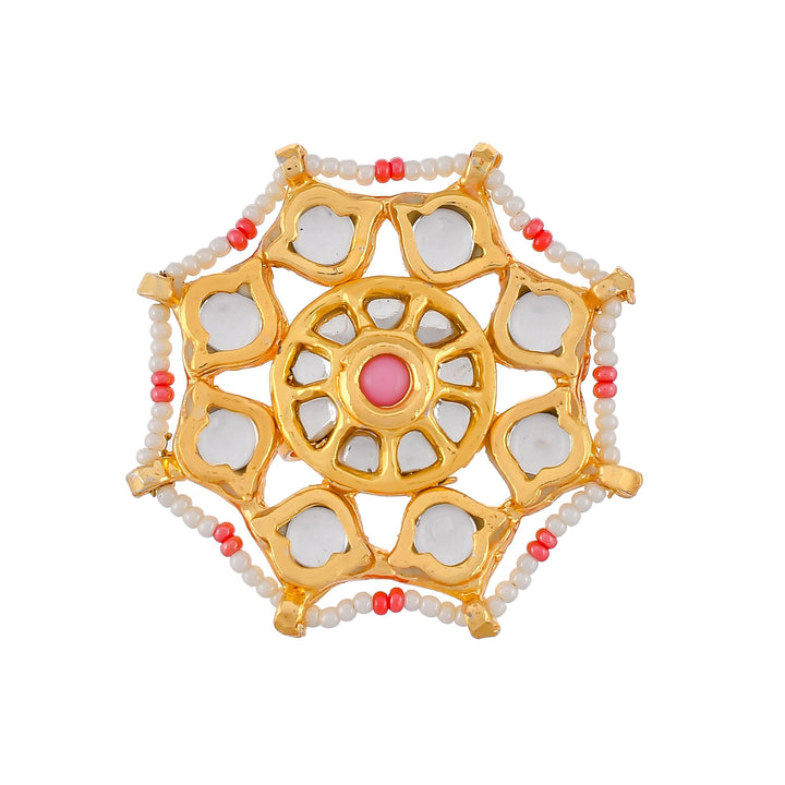 DASTOOR Gold-Plated Pink  White Kundan Studded Meenakari Adjustable Finger Ring