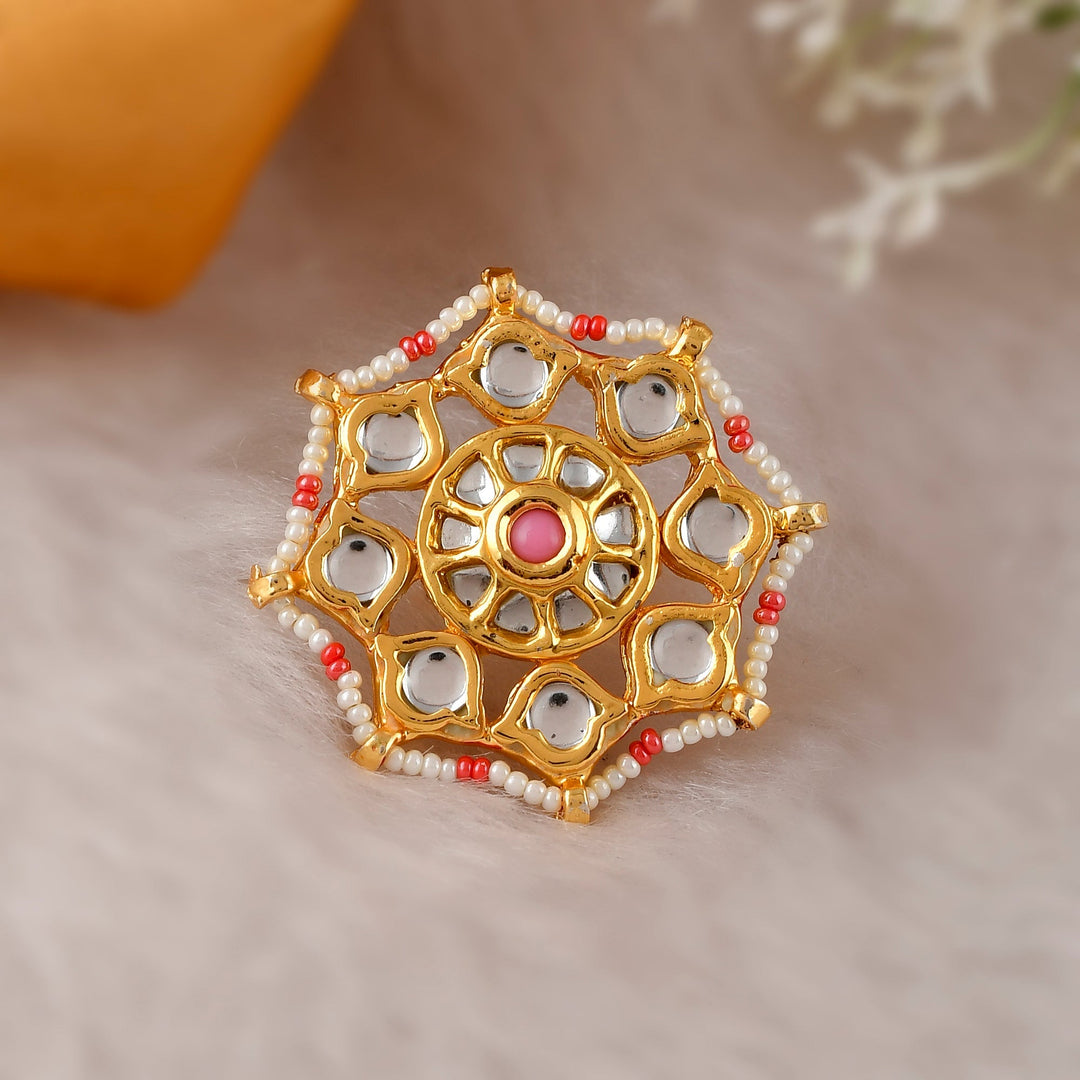 DASTOOR Gold-Plated Pink  White Kundan Studded Meenakari Adjustable Finger Ring