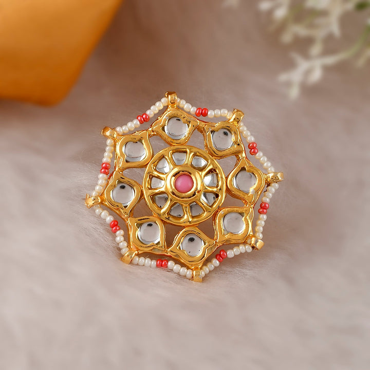DASTOOR Gold-Plated Pink  White Kundan Studded Meenakari Adjustable Finger Ring
