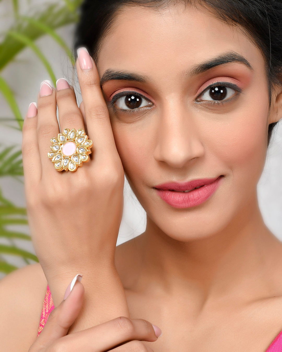 DASTOOR Gold-Plated Pink  White Kundan-Studded  Beaded Adjustable Finger Ring