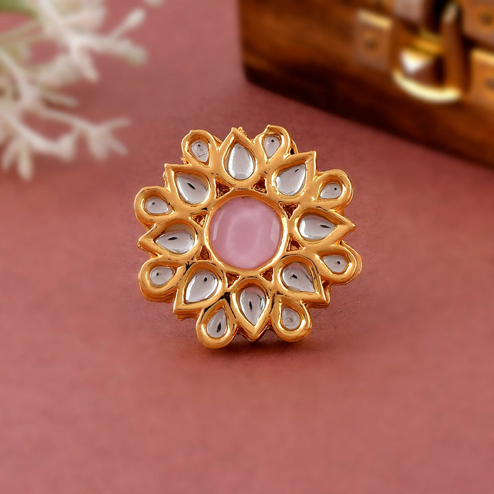 DASTOOR Gold-Plated Pink  White Kundan-Studded  Beaded Adjustable Finger Ring
