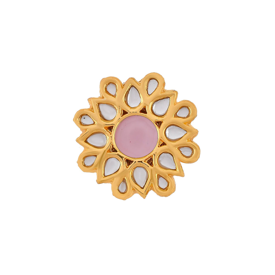 DASTOOR Gold-Plated Pink  White Kundan-Studded  Beaded Adjustable Finger Ring