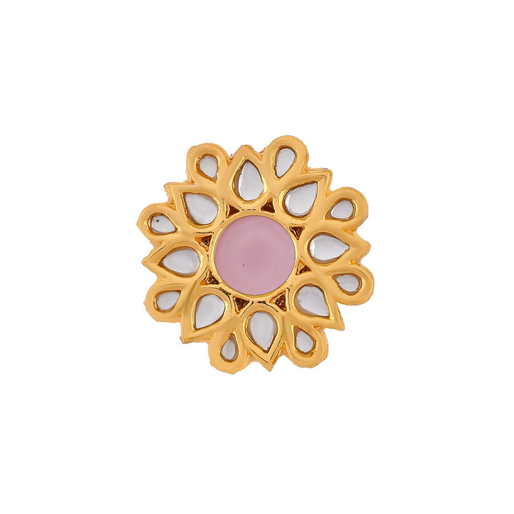 DASTOOR Gold-Plated Pink  White Kundan-Studded  Beaded Adjustable Finger Ring