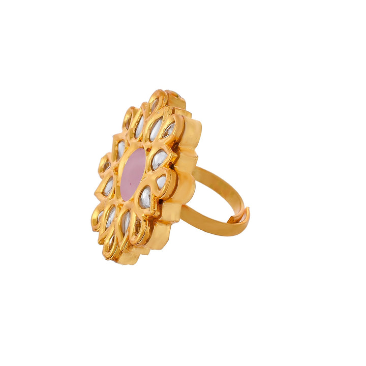 DASTOOR Gold-Plated Pink  White Kundan-Studded  Beaded Adjustable Finger Ring