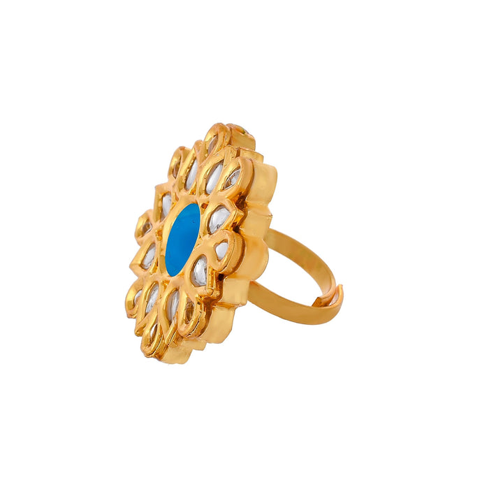 DASTOOR Gold-Plated White  Blue Kundan-Studded Adjustable Finger Ring