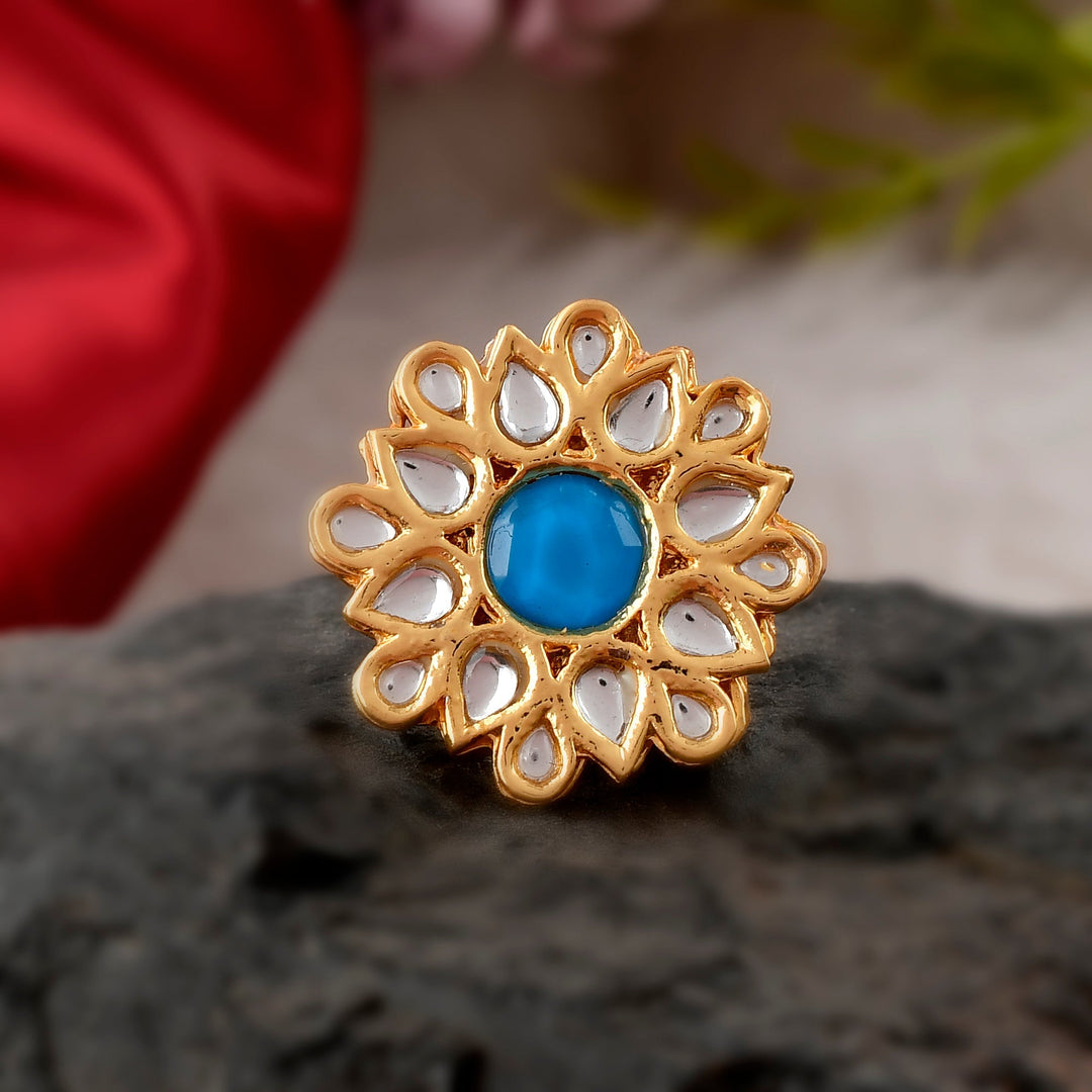 DASTOOR Gold-Plated White  Blue Kundan-Studded Adjustable Finger Ring