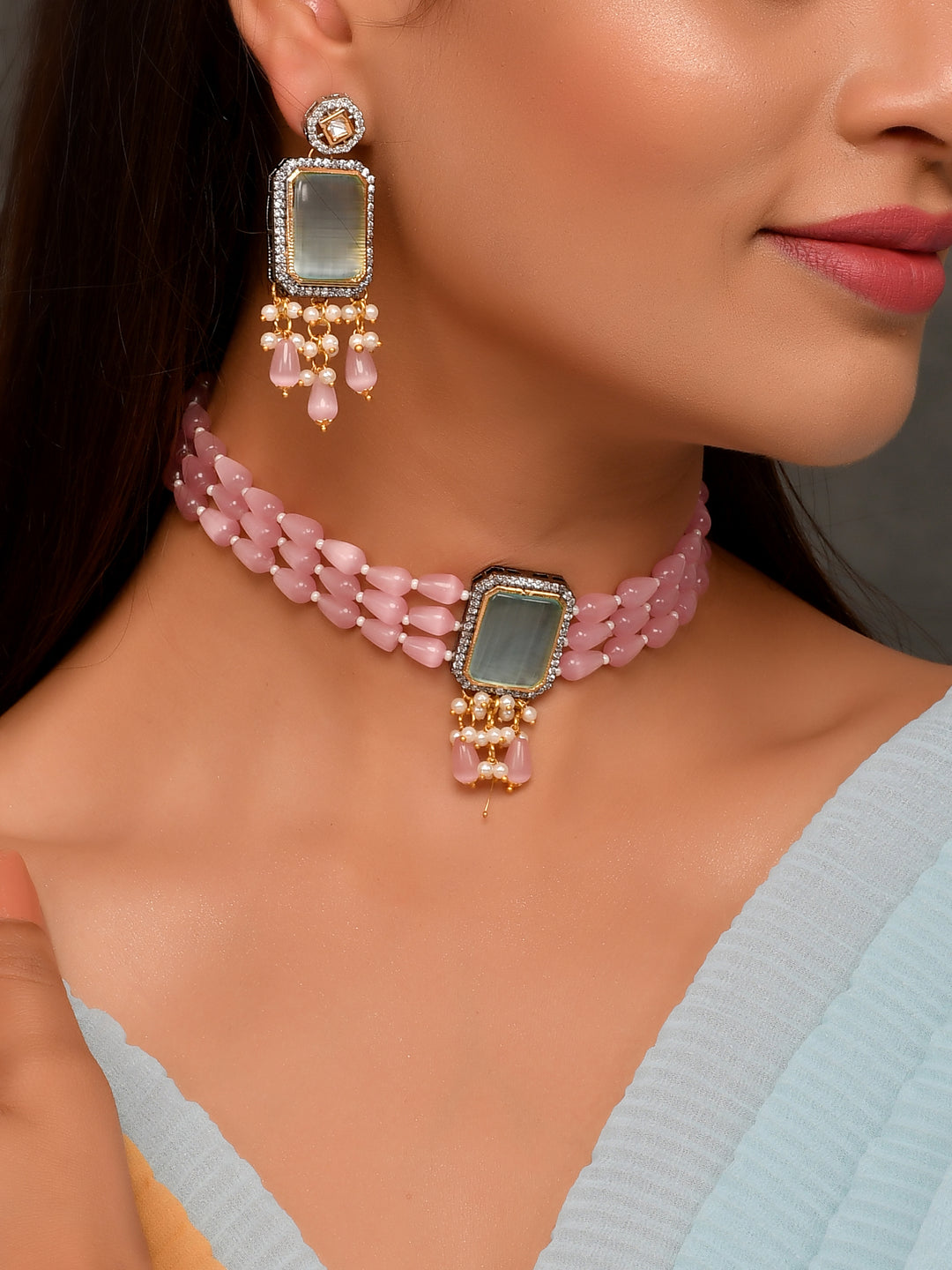 Pink Kundan-Studded  Beaded Jewellery Set
