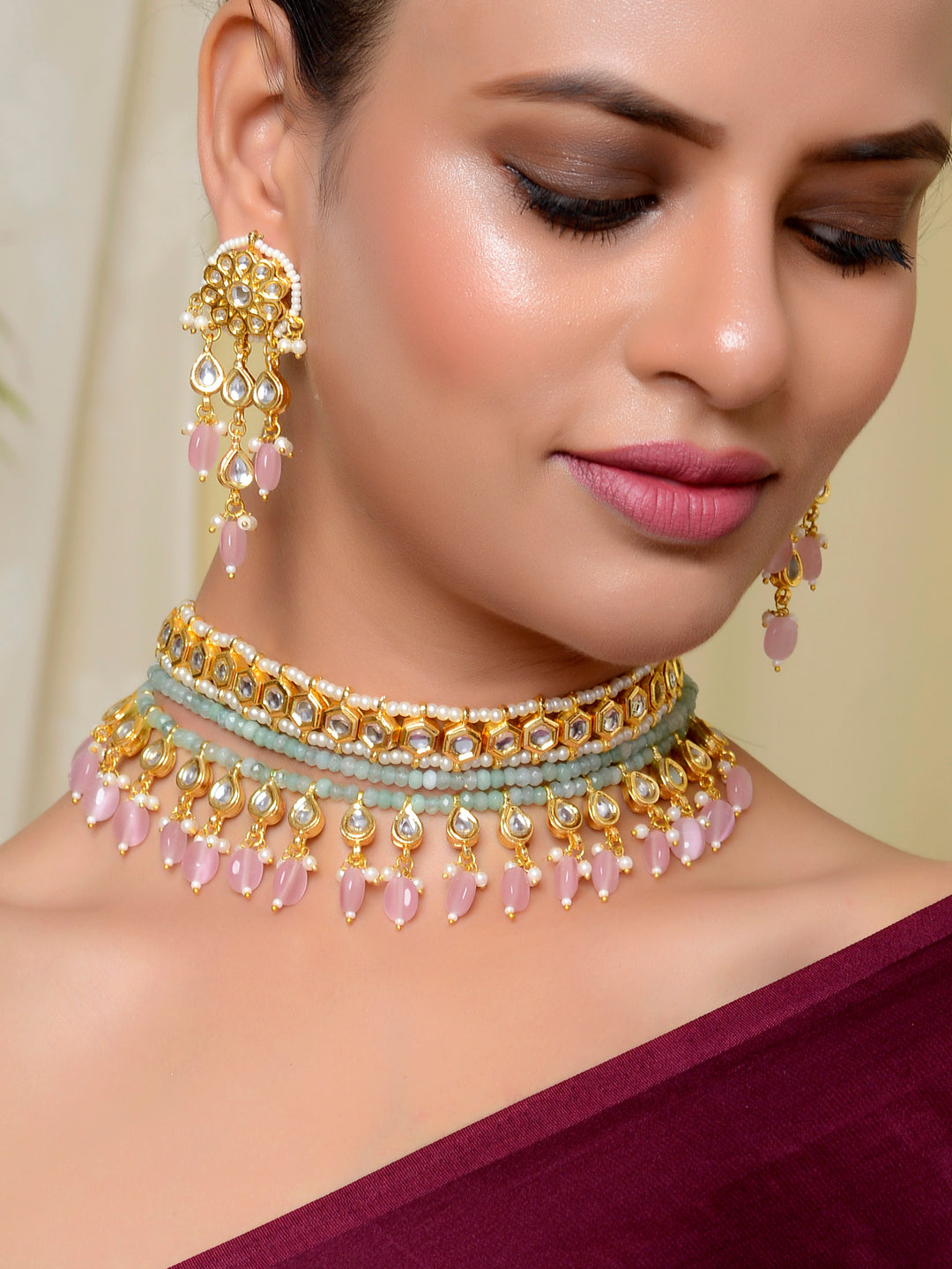 Dastoor Gold-Plated Pink  Green Kundan-Studded  Beaded Jewellery Set