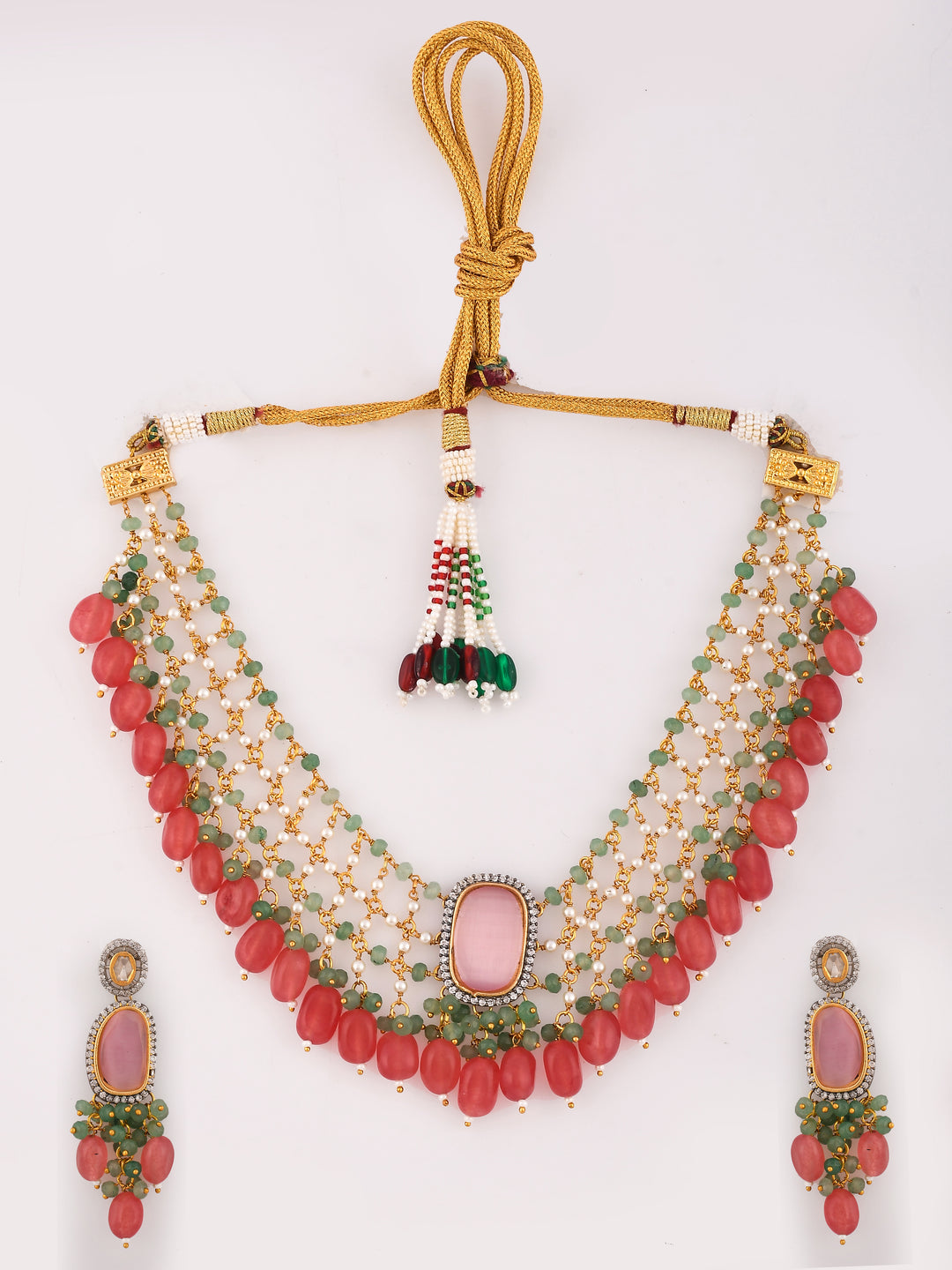 Dastoor Pink Kundan Studded  Beaded Jewellery Set