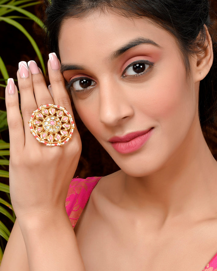 DASTOOR Women Gold-Plated Pink  White Kundan-Studded Meenakari Adjustable Ring