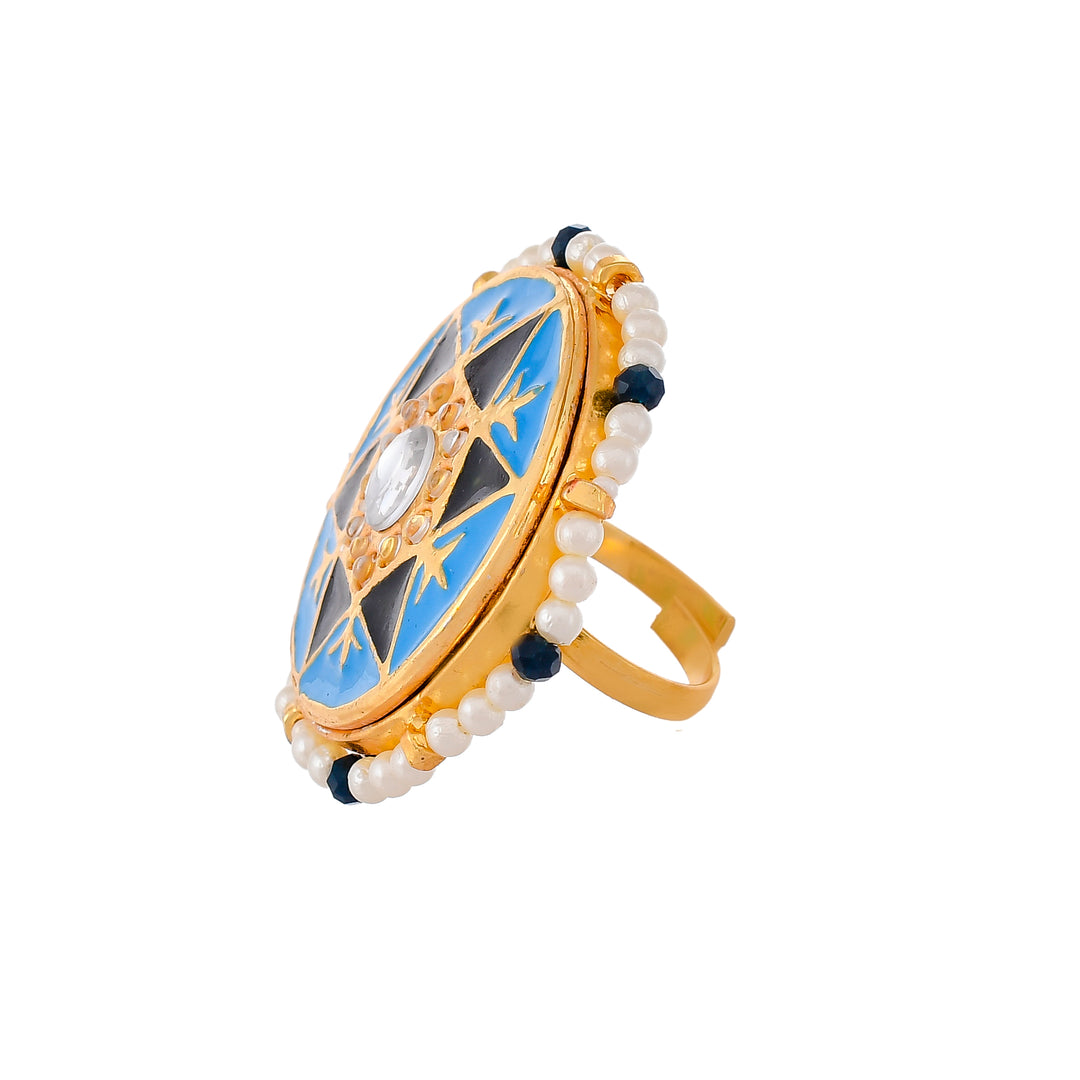 DASTOOR Women  Gold-Plated Blue Kundan-Studded Finger Ring