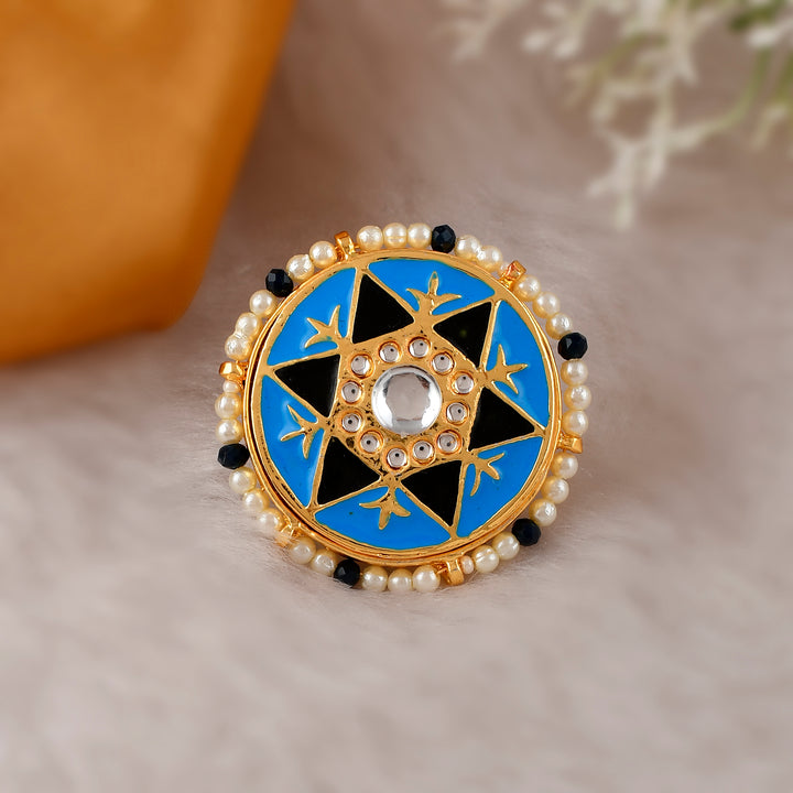 DASTOOR Women  Gold-Plated Blue Kundan-Studded Finger Ring