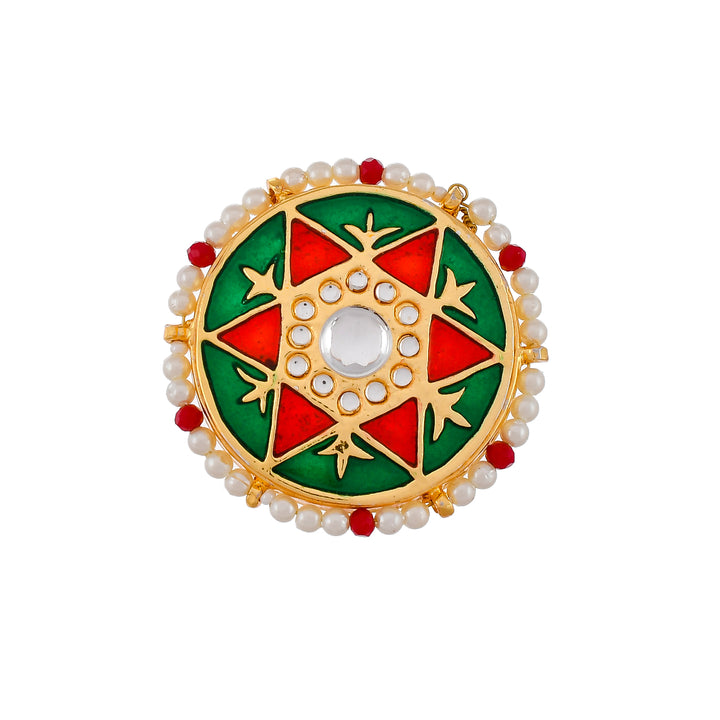 DASTOOR Gold-Plated Red  Green Kundan Studded Meenakari Adjustable Finger Ring