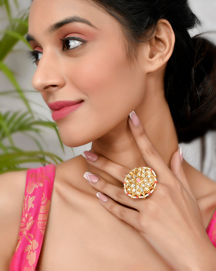 DASTOOR Gold-Plated White  Pink Kundan-Studded  Beaded Meenakari Adjustable Finger Ring