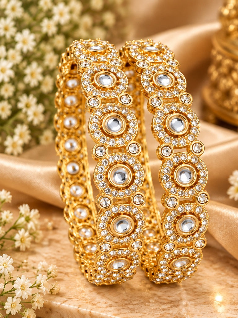 Classic Clear Kundan Halo Antique Gold Bangle Set