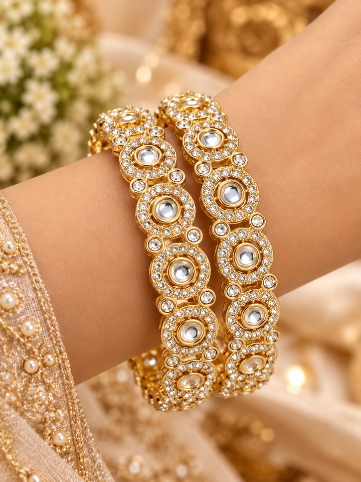 Classic Clear Kundan Halo Antique Gold Bangle Set