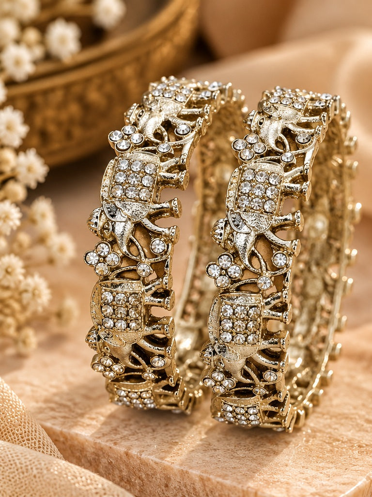 Royal Elephant Motif Antique Gold CZ Bangle Set