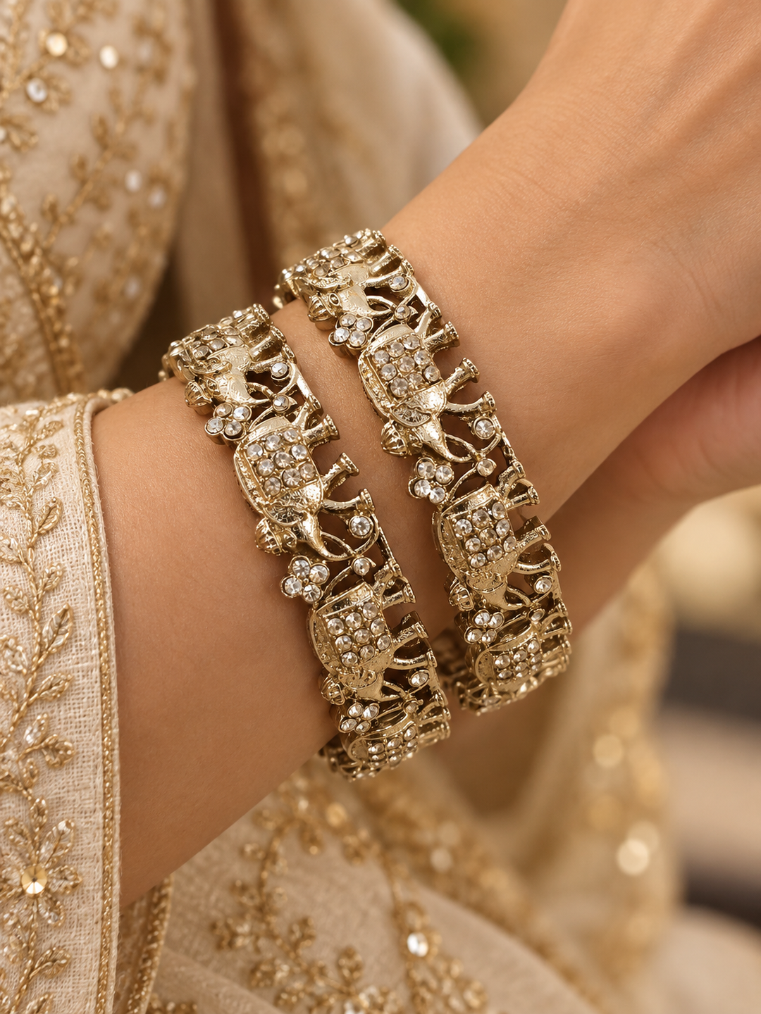 Royal Elephant Motif Antique Gold CZ Bangle Set