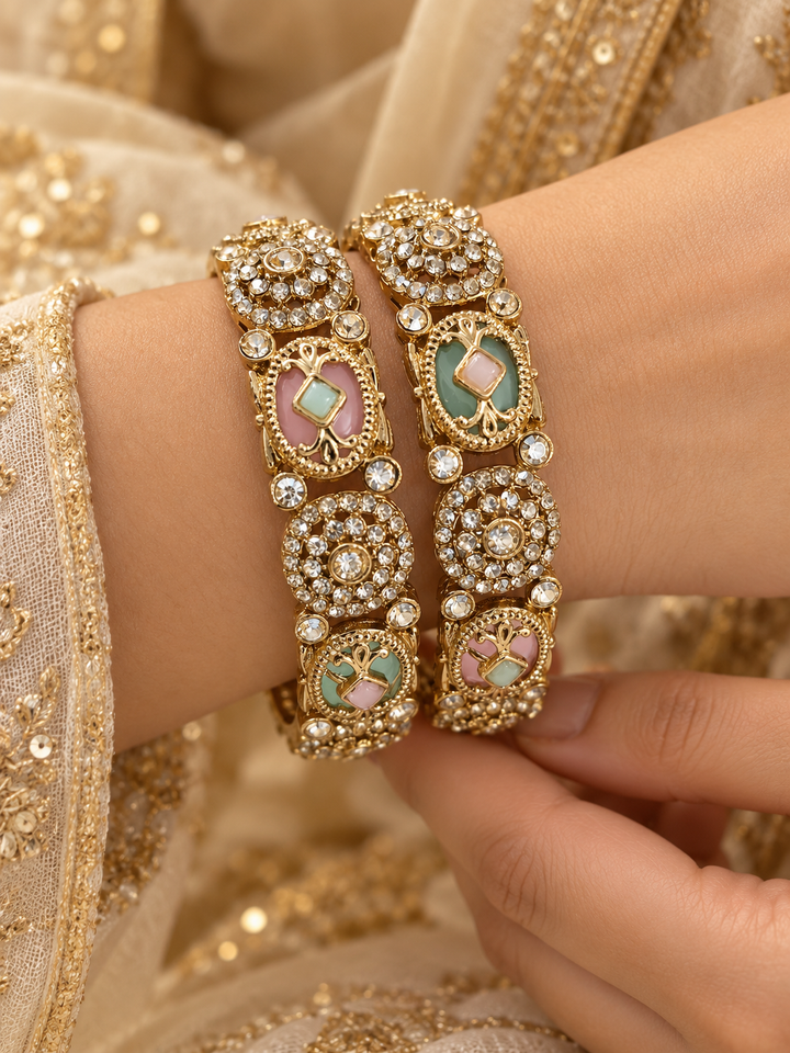 Pastel Enamel Kundan Antique Gold Bangle Set