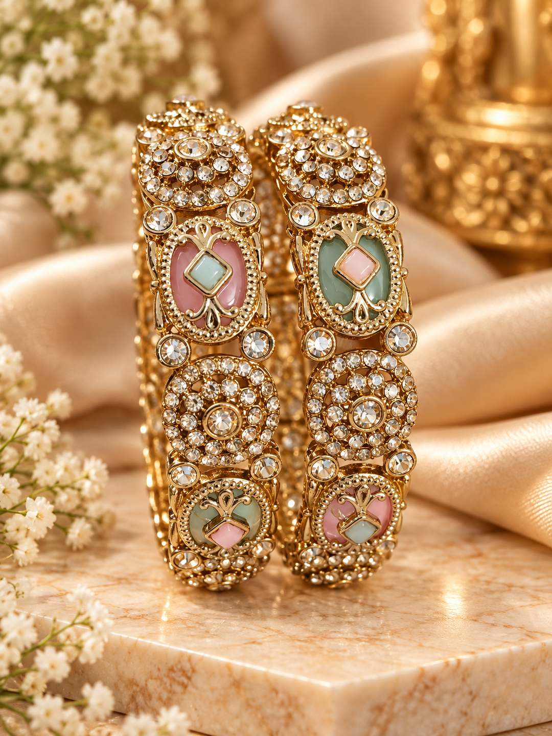 Pastel Enamel Kundan Antique Gold Bangle Set