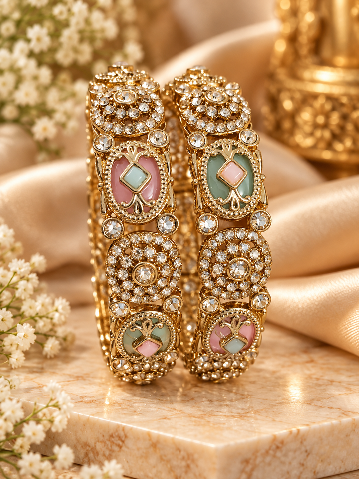Pastel Enamel Kundan Antique Gold Bangle Set