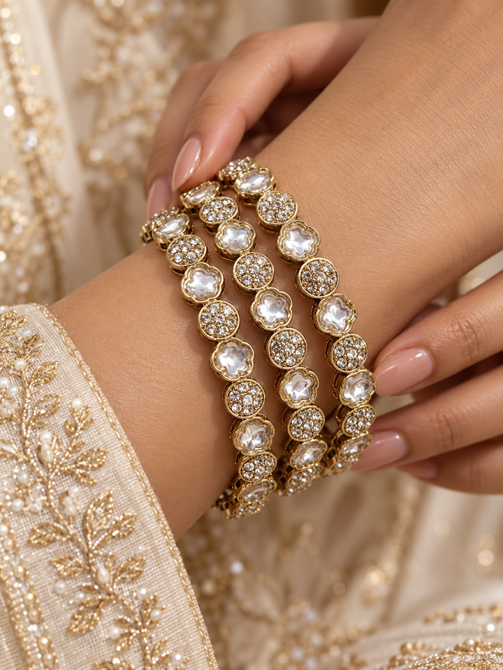 Clear Kundan Flower CZ Gold Bangle Set of 4