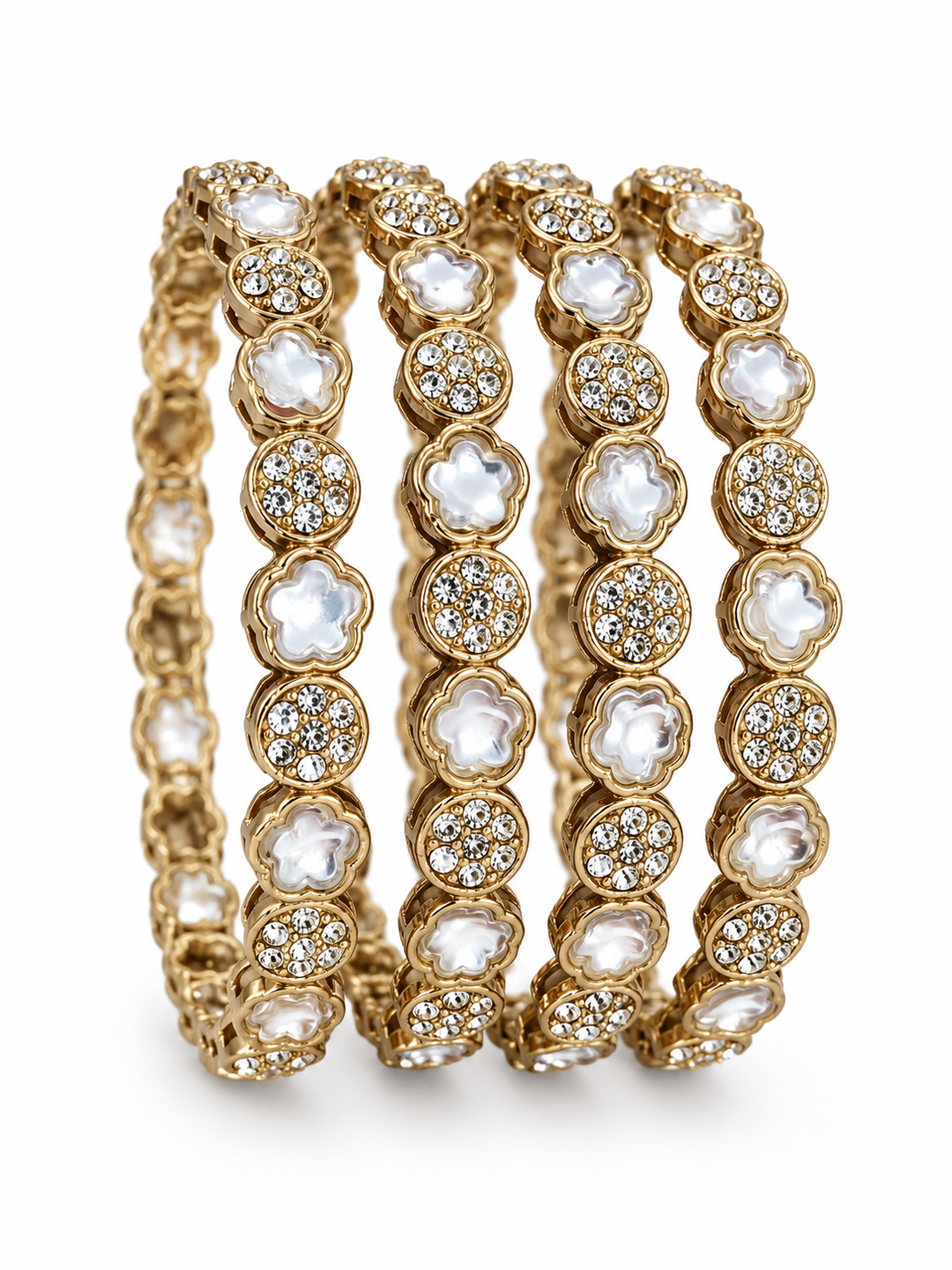 Clear Kundan Flower CZ Gold Bangle Set of 4