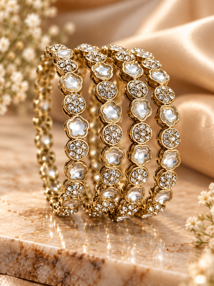 Clear Kundan Flower CZ Gold Bangle Set of 4