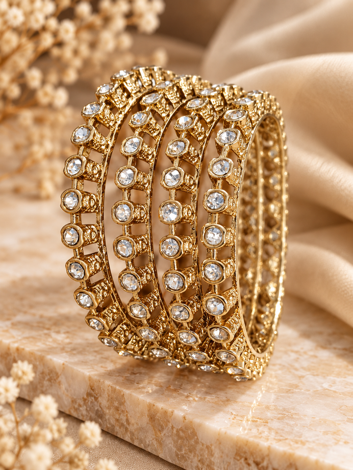 Classic Solitaire CZ Gold Mesh Bangle Set of 4