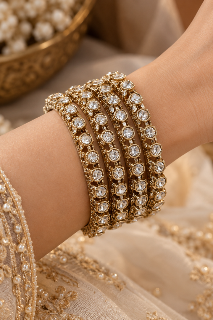 Classic Solitaire CZ Gold Mesh Bangle Set of 4