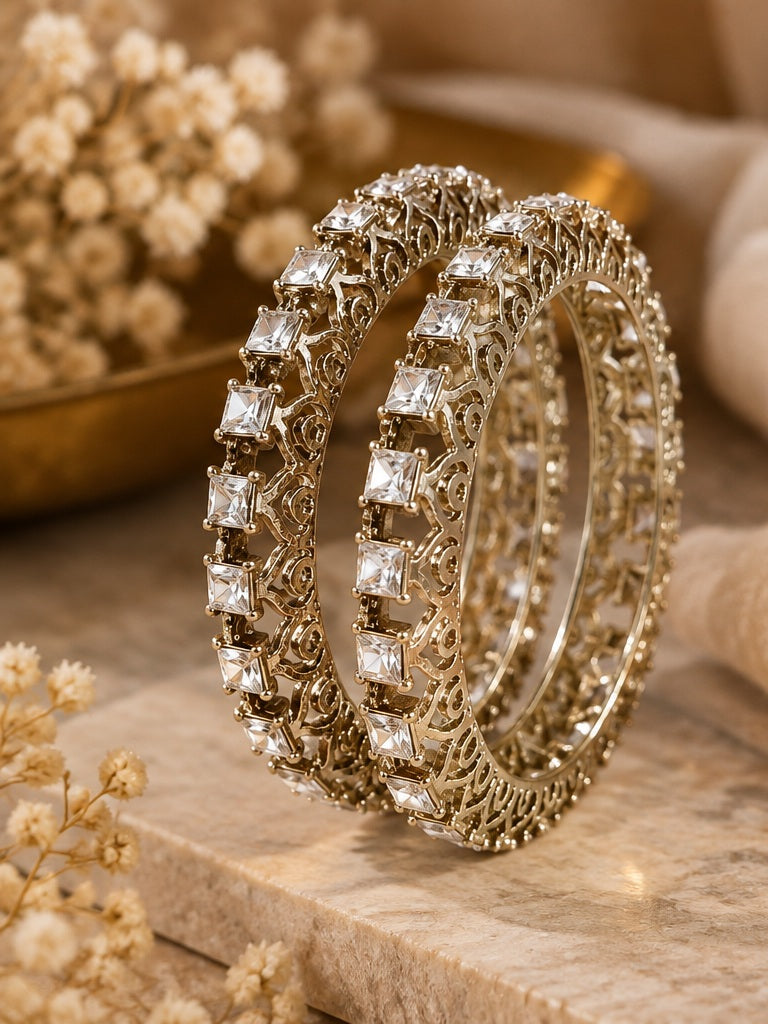 Square Princess Cut CZ Antique Gold Bangle Set