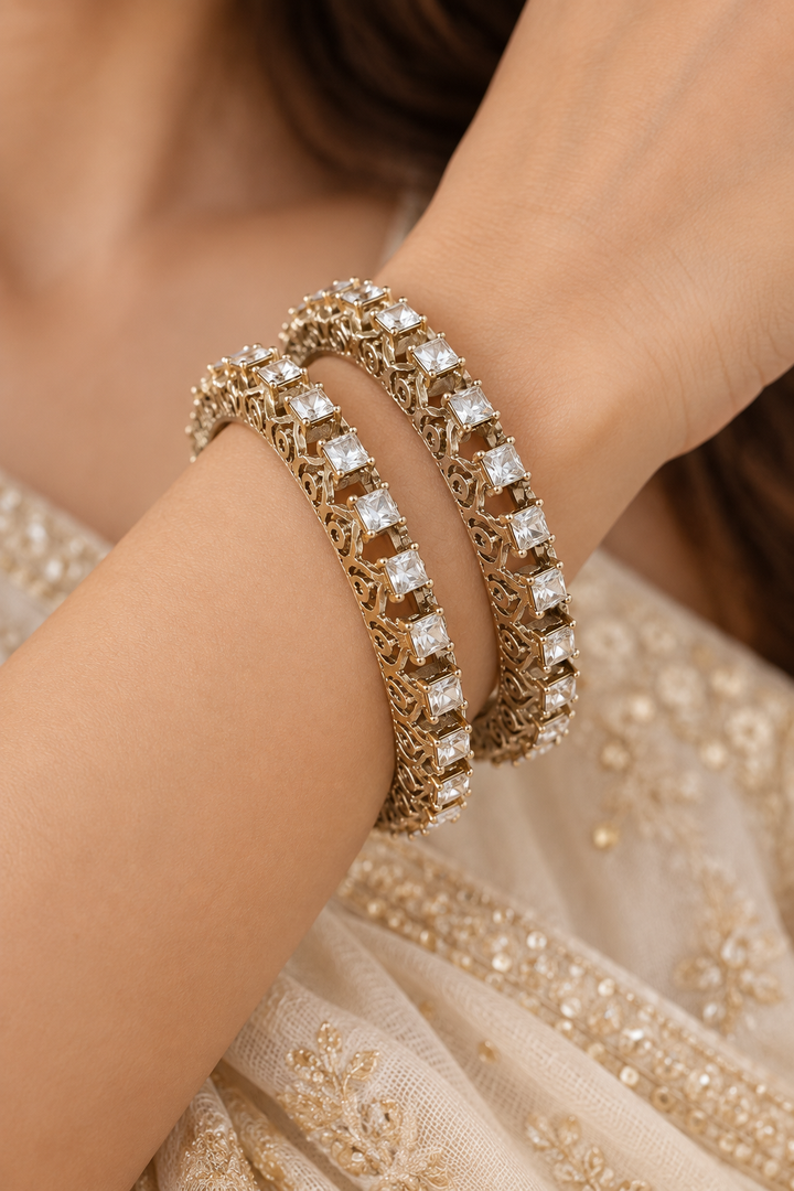 Square Princess Cut CZ Antique Gold Bangle Set
