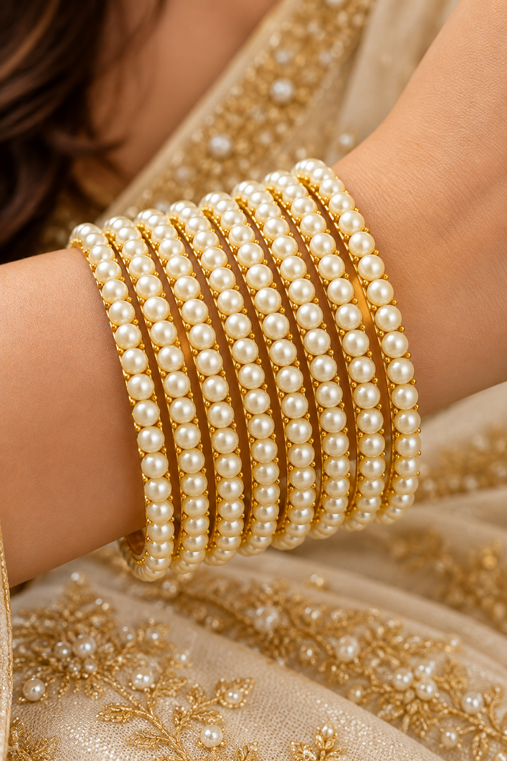 Classic Ivory Pearl Gold Bangle Stack Set of 8