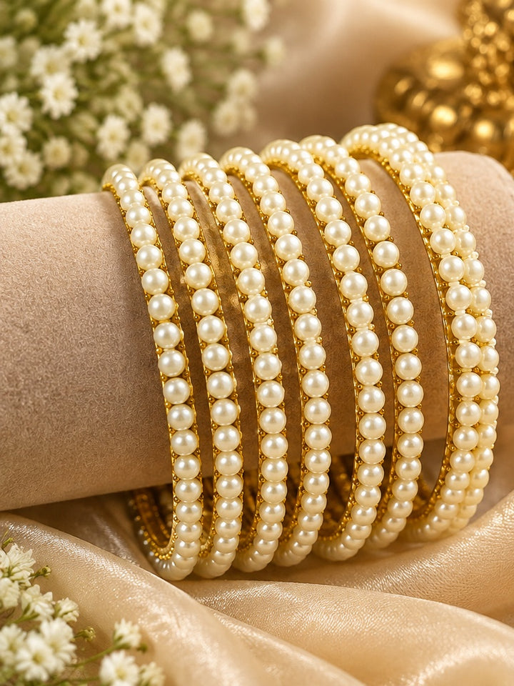 Classic Ivory Pearl Gold Bangle Stack Set of 8