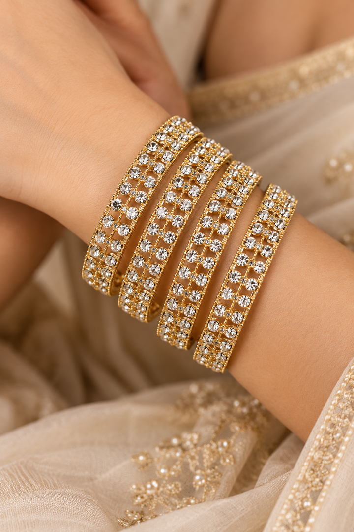 Set of 4 Gold Plated American Diamond AD Bangles for Women Traditional Bridal Crystal Chudi Set