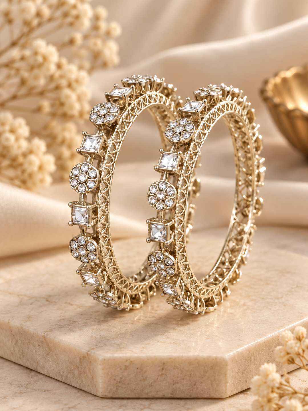 Square CZ Floral Filigree Silver Gold Bangle Set