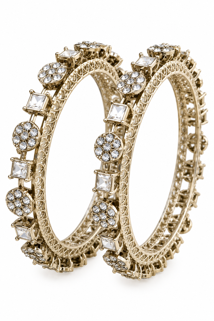 Square CZ Floral Filigree Silver Gold Bangle Set