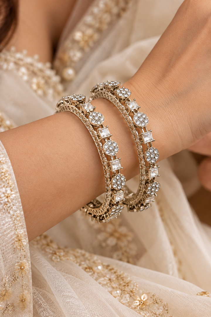 Square CZ Floral Filigree Silver Gold Bangle Set