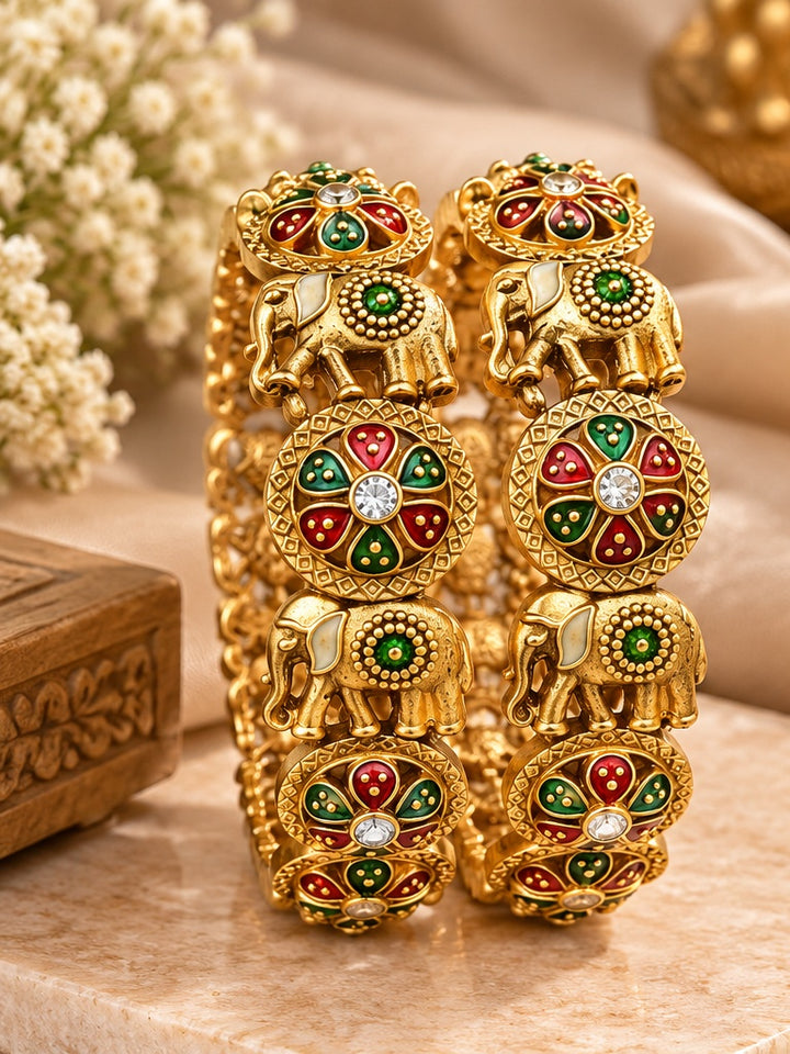 Royal Elephant Meenakari Antique Gold Bangle Set