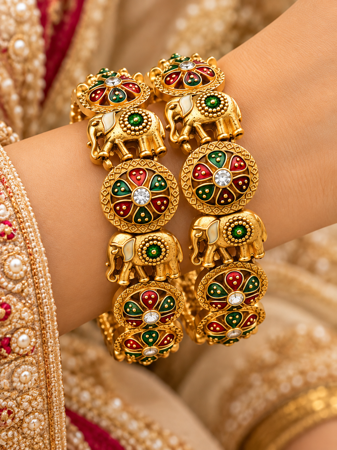 Royal Elephant Meenakari Antique Gold Bangle Set
