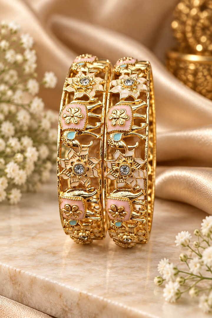 Pastel Pink Elephant Meenakari Gold Bangle Set